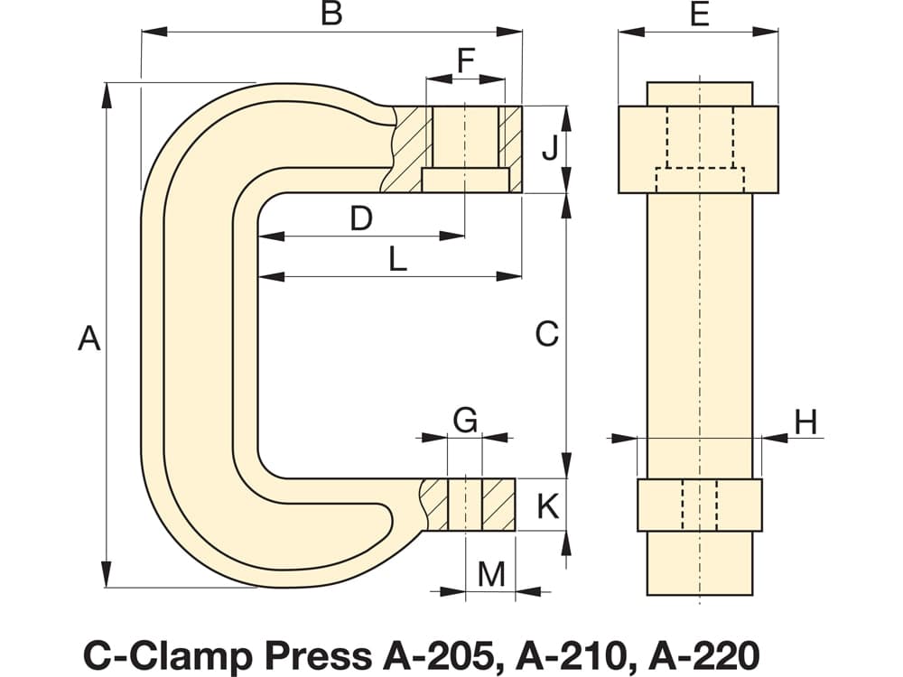 Hydraulický lis A210, 10 tun, C-Clamp – Rozměry produktu (mm)
