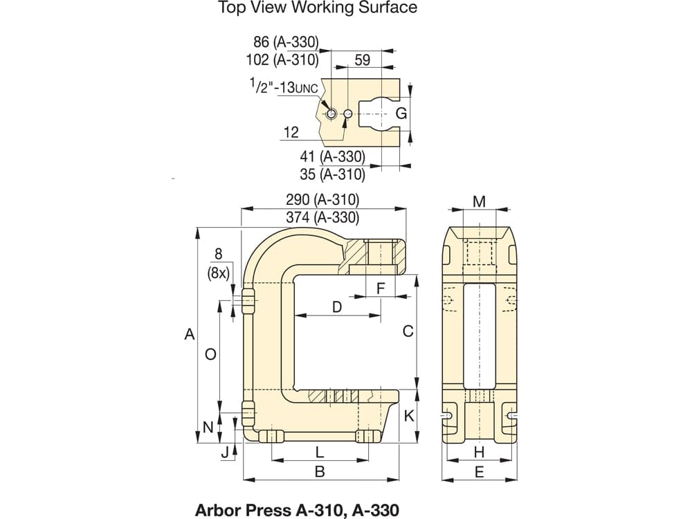 A310, 10 tun, Arbor Hydraulic Press – Rozměry produktu (mm)