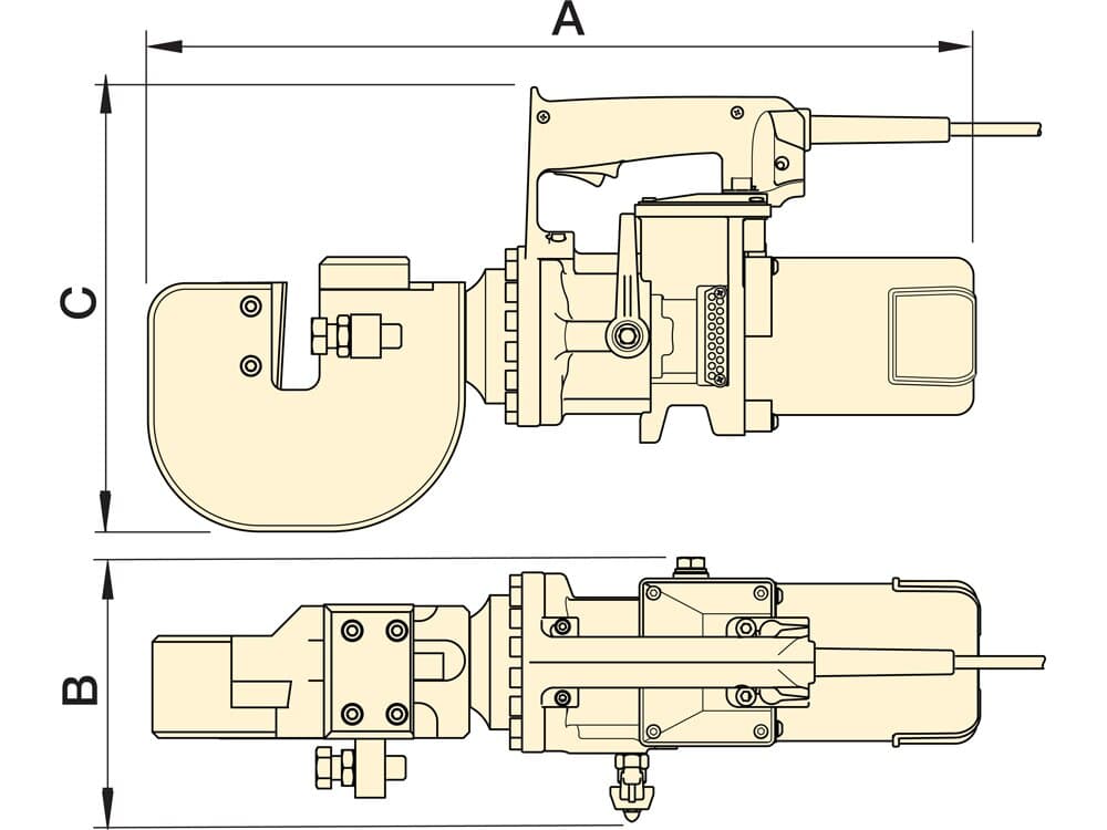 EFBE5017B, kapacita 29,8 tun, elektrický střihač plochých tyčí, maximální šířka materiálu 17 mm, 120 V – Rozměry produktu (mm)