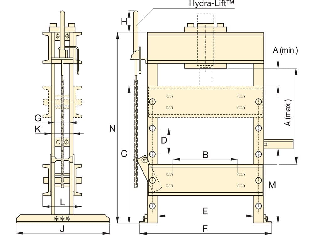 Hydraulický lis IPE1215, 10 tun, H-rám s jednočinným válcem RC1010 a elektrickým čerpadlem ZE2208MB – Rozměry produktu (mm)