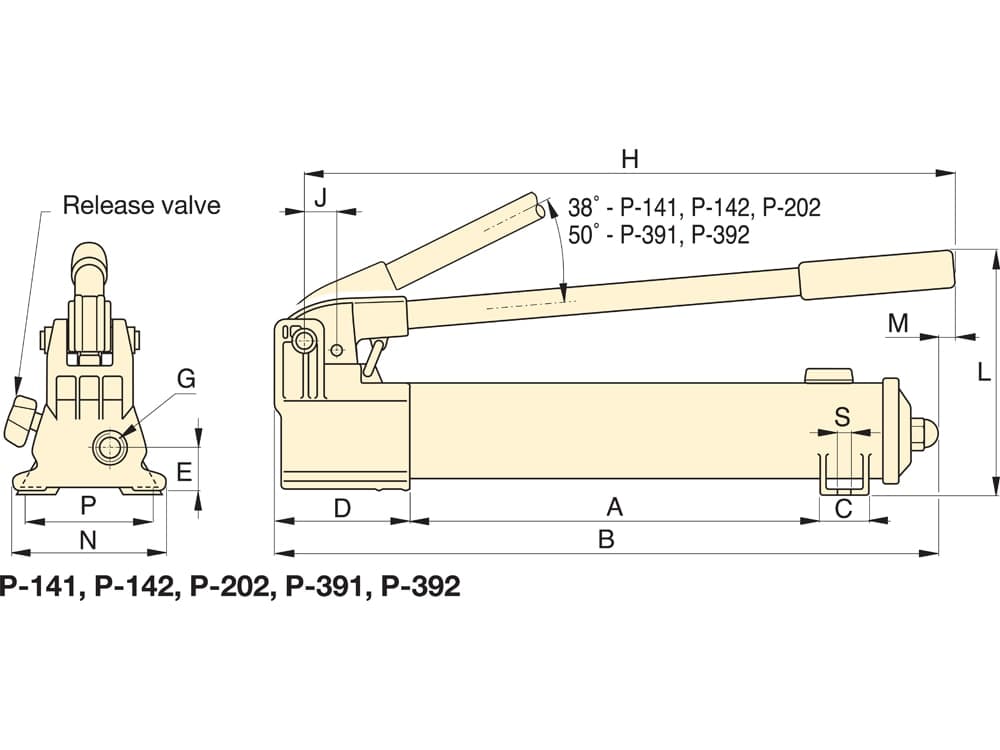 P141, Jednostupňové, lehké hydraulické ruční čerpadlo – Rozměry produktu (mm)