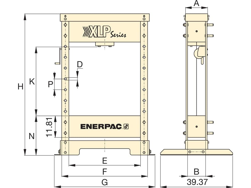 XLP506XA12GU, 50 tun, dílenský hydraulický lis s jednočinným válcem RC506 a vzduchovým čerpadlem XA12G – Rozměry produktu (mm)